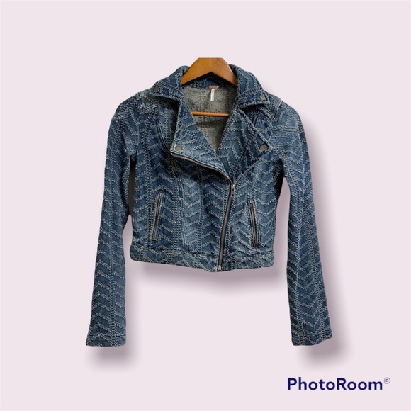 FREE PEOPLE Punched Herringbone Moto Jean Jacket